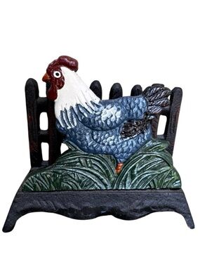 Vintage Cast Iron Hand Painted Rooster Napkin Holder